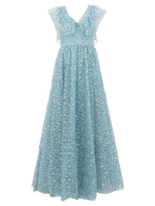 Luisa Beccaria Floral Embroidered Tulle Gown In Light Blue | ModeSens