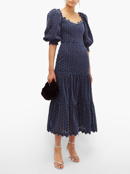 Luisa Beccaria Embroidered Broderie-anglaise Velvet Dress Navy - 70% Off Sale