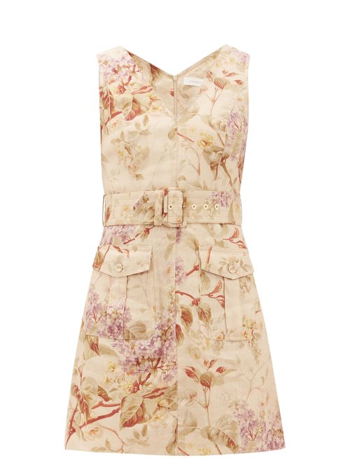 Zimmermann Sabotage Floral-Print Linen Mini Dress In Cream Print | ModeSens