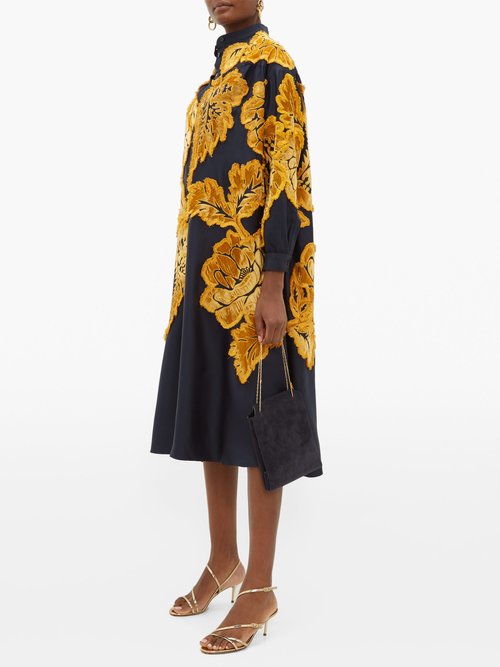 Biyan Liga Floral Velvet-appliqué Silk-satin Dress Navy Multi - 70% Off Sale