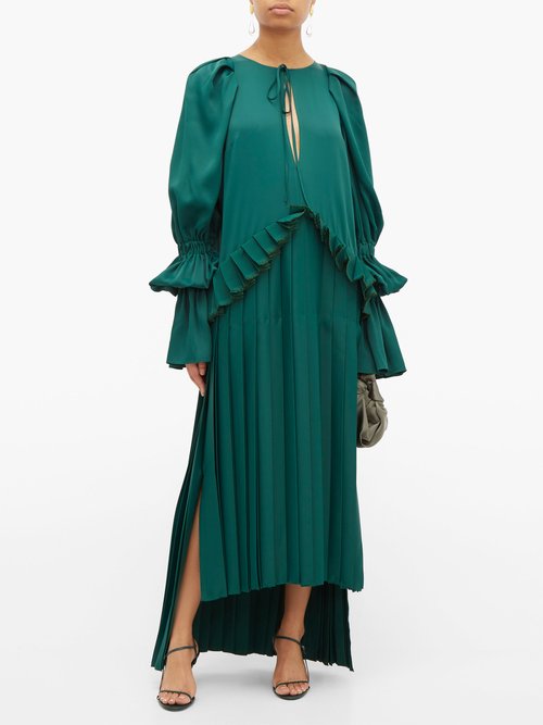 Khaite Cara Pleated Stepped-hem Satin Dress Green - 70% Off Sale