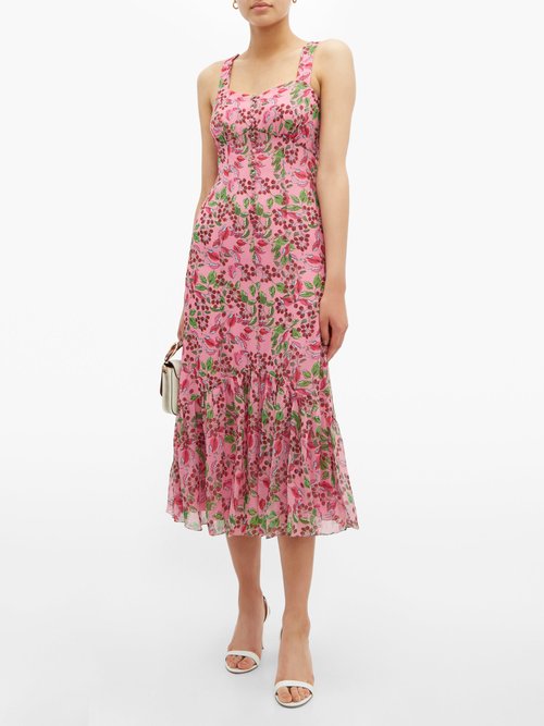 Saloni Joel Floral And Berry-print Silk Midi Dress Pink Multi - 70% Off Sale
