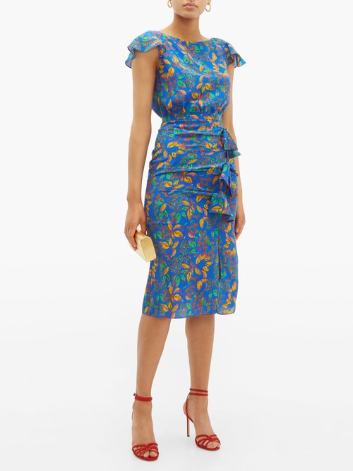 Saloni Heather Berry-print Bow-front Silk Dress Blue Multi - 70% Off Sale