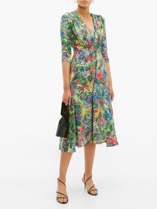 Saloni Eve Abstract Floral-print Silk Dress Green Multi - 70% Off Sale