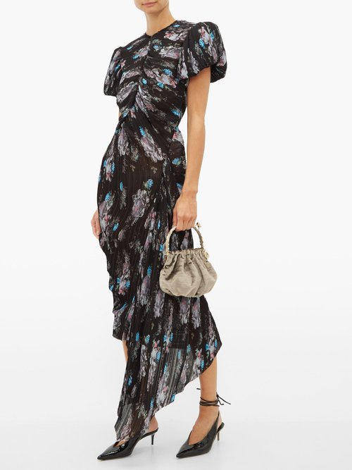 Preen By Thornton Bregazzi Jane Floral-print Pleated-chiffon Dress Black - 70% Off Sale