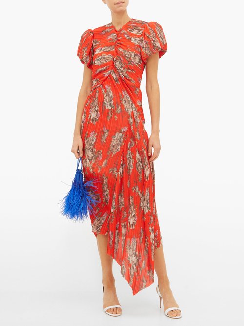 Preen By Thornton Bregazzi Jane Floral-print Plissé-chiffon Dress Orange Multi - 70% Off Sale