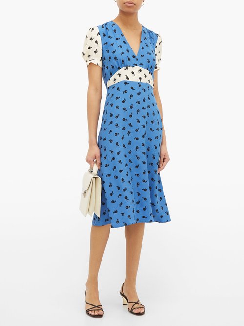 HVN Paula Cherry-print Silk Midi Dress Blue Multi - 70% Off Sale