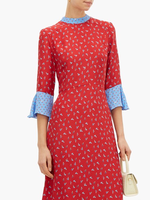 HVN Ashley Heel-print Silk Midi Dress Red Multi - 70% Off Sale