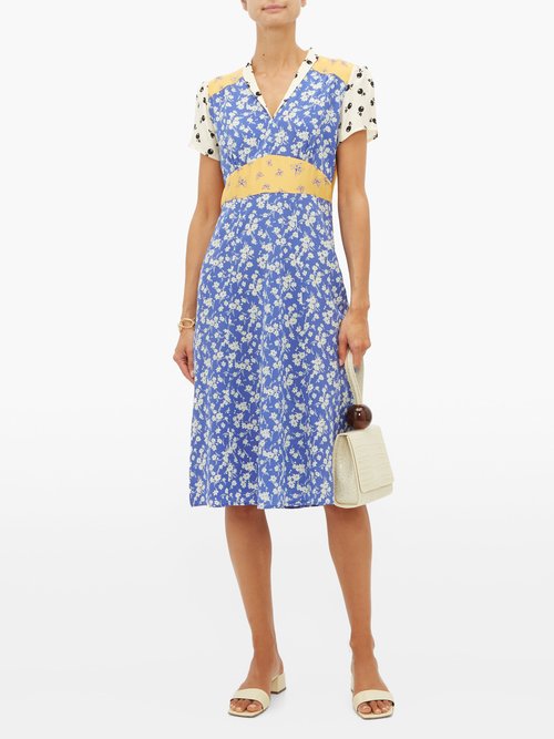 HVN Morgan Floral-print Silk Midi Dress Blue Multi - 70% Off Sale