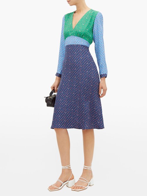 HVN Hoover Panelled Floral-print Silk Dress Blue Multi - 70% Off Sale