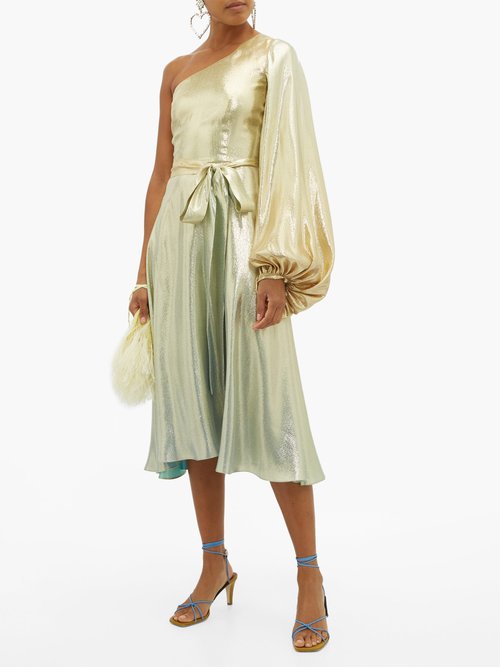 Adriana Iglesias Louise One-shoulder Silk-blend Lamé Dress Gold Multi - 70% Off Sale