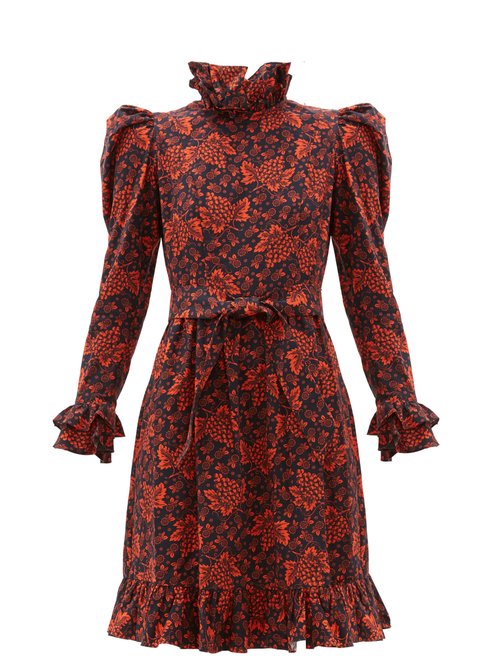 Batsheva Ruffled Grape And Floral Print Cotton Dress In Red | ModeSens