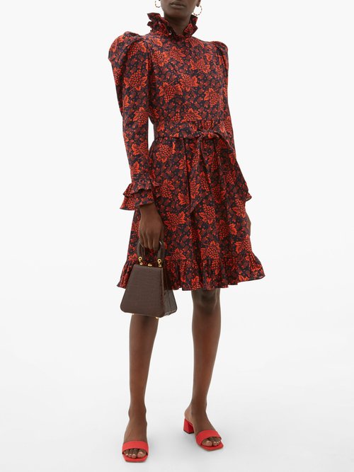 Batsheva Ruffled Grape And Floral-print Cotton Dress Black Red - 60% Off Sale