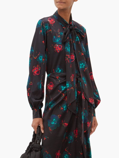 Ganni Pussybow Floral-print Silk-blend Satin Blouse Black Multi - 70% Off Sale