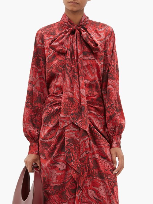 Ganni Snake-print Silk-blend Satin Blouse Red Multi - 70% Off Sale