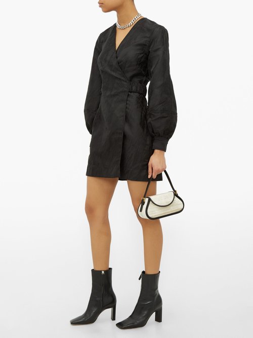 Ganni Satin-jacquard Mini Wrap Dress Black - 60% Off Sale