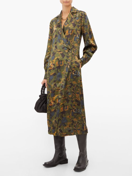 Ganni Camouflage-print Satin Wrap Dress Khaki - 70% Off Sale