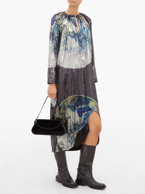 Ganni Earth-print Front-slit Sequinned Dress Multi - 70% Off Sale