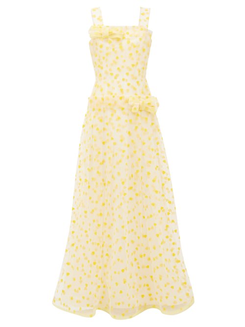 Rodarte – Flocked Heart-print Dropped-waist Tulle Maxi Dress Yellow