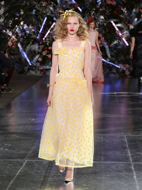 Rodarte Flocked Heart-print Dropped-waist Tulle Maxi Dress Yellow - 70% Off Sale