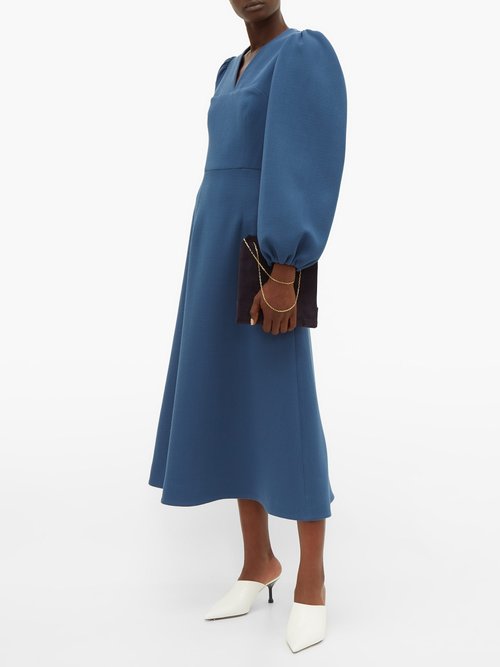Emilia Wickstead Carmina Balloon-sleeve Wool-crepe Midi Dress Blue - 70% Off Sale