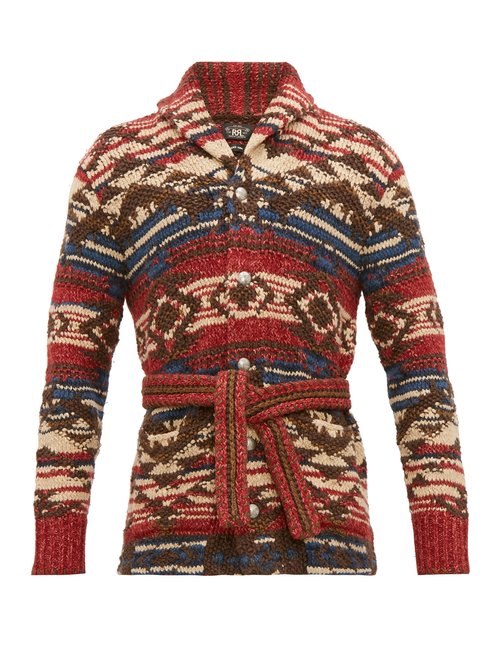 Rrl Ranch Belted Jacquard Sweater In Red Multi | ModeSens