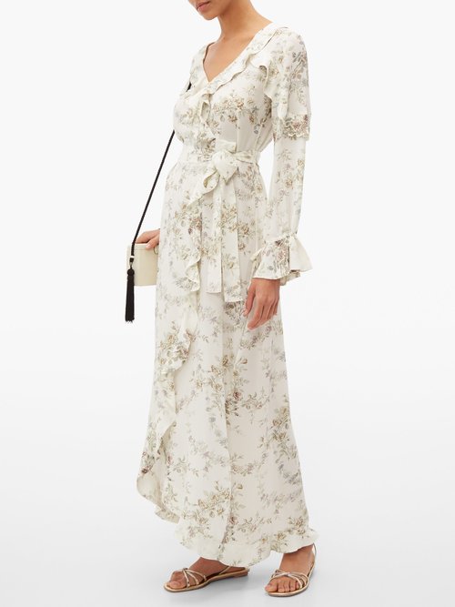 D'Ascoli Bedford Floral-print Ruffle-trim Silk Dress Beige - 70% Off Sale