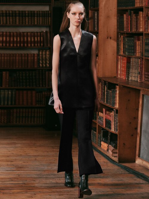 Marina Moscone V-neck Wool-blend Satin Top Black - 70% Off Sale