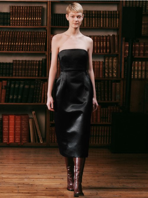 Marina Moscone Strapless Wool-blend Satin Midi Dress Black - 70% Off Sale