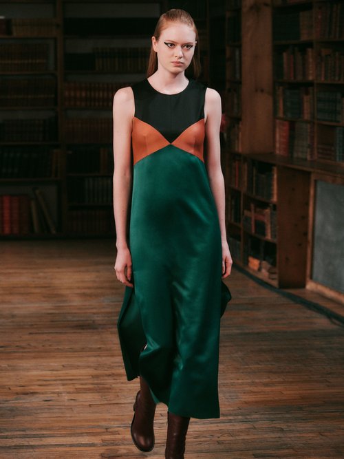 Marina Moscone Colour-block Sleeveless Satin Midi Dress Green Multi - 70% Off Sale