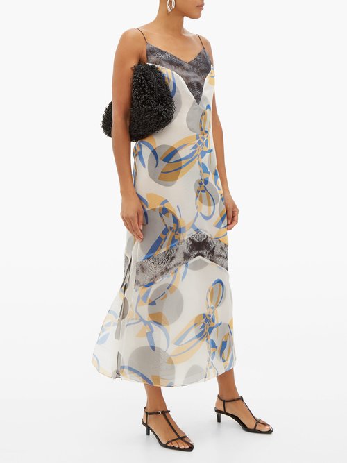 Marina Moscone Geometric-print Silk-blend Organza Midi Dress Blue Multi - 70% Off Sale