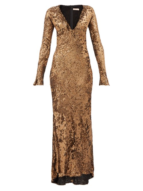 Buy Maria Lucia Hohan - Ailish Plunge-neckline Sequinned Maxi Dress Bronze online - shop best Maria Lucia Hohan clothing sales