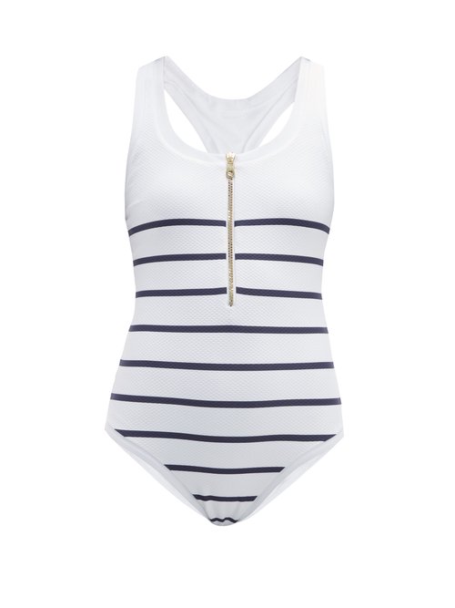 Heidi Klein - Zipped Striped-basketweave Swimsuit Blue Multi Beachwear