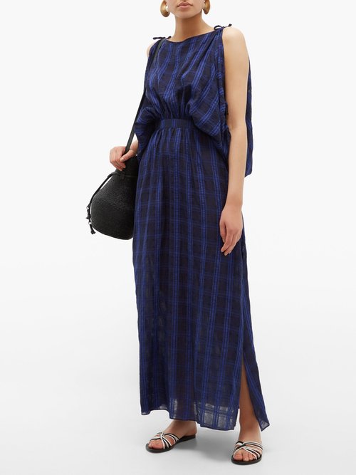 Love Binetti Draped Checked-voile Maxi Dress Dark Blue - 70% Off Sale
