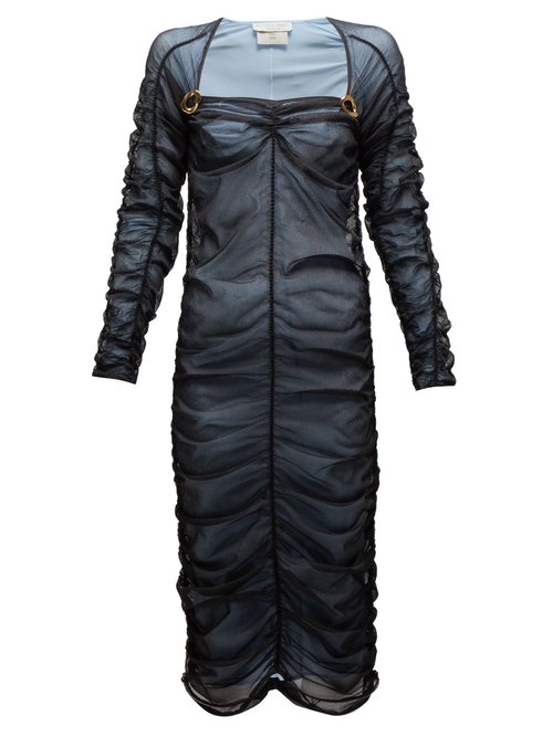 Bottega Veneta - Square-neckline Ruched Tulle Midi Dress Black Multi
