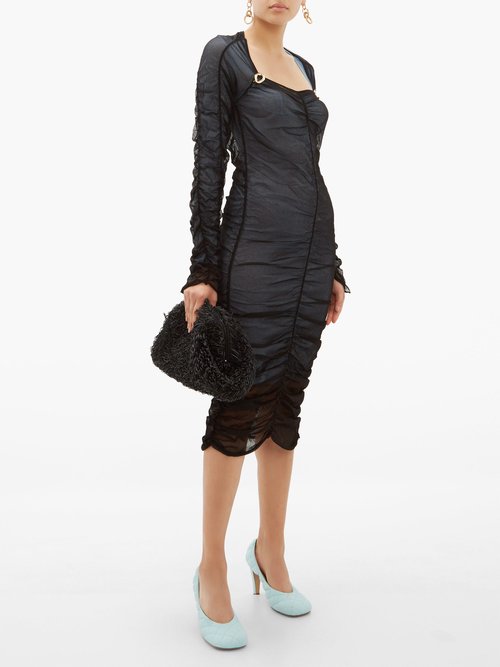 Bottega Veneta Square-neckline Ruched Tulle Midi Dress Black Multi