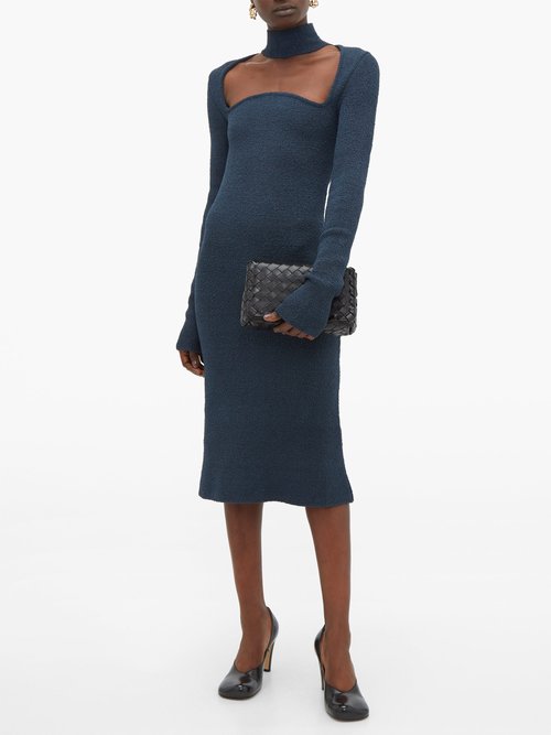 Buy Bottega Veneta High-neck Silk Blend-sablé Dress Dark Blue online - shop best Bottega Veneta clothing sales
