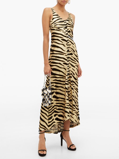Buy Paco Rabanne Velvet Tiger-stripe Jersey Maxi Dress Gold Multi online - shop best Paco Rabanne clothing sales