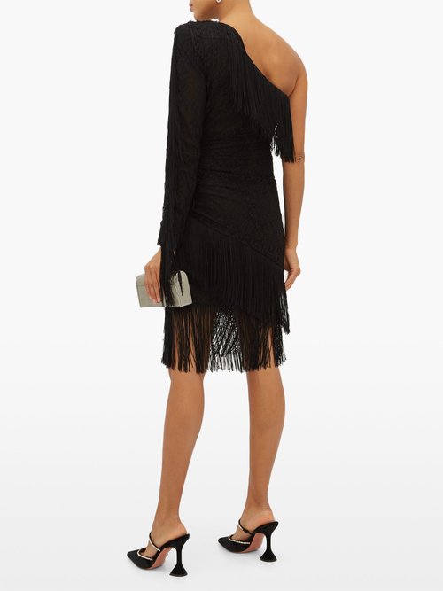 Buy Dundas Fringed One-shoulder Cotton-blend Lace Mini Dress Black online - shop best Dundas clothing sales