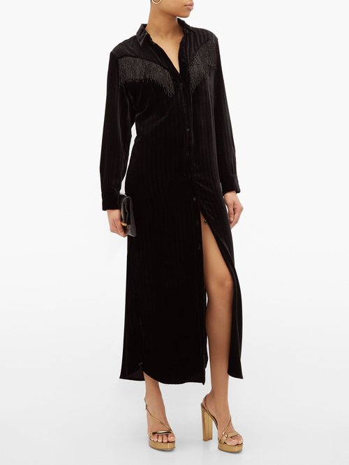 Blazé Milano Etoile Beaded-fringe Velvet Shirtdress Black - 70% Off Sale