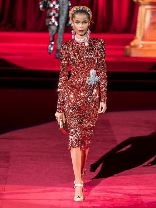 Buy Dolce & Gabbana Gathered-waist Sequinned Dress Pink online - shop best Dolce & Gabbana clothing sales