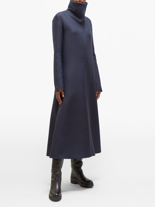 The Row Barbara High-neck A-line Wool-blend Midi Dress Navy - 70% Off Sale