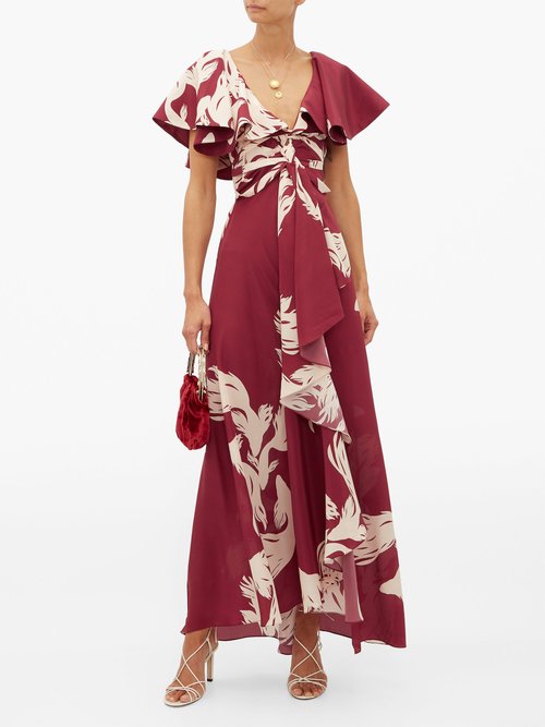 Johanna Ortiz Intensa Sutileza Fish-print Silk Maxi Dress Red Multi - 70% Off Sale