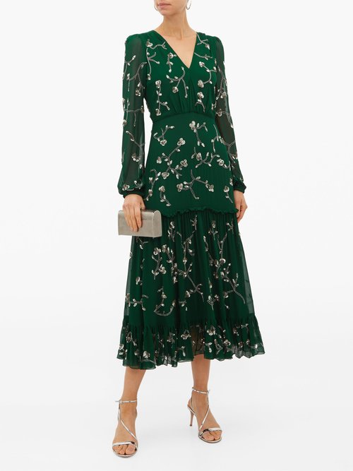Saloni Devon Sequin Floral-embroidered Midi Dress Dark Green - 70% Off Sale