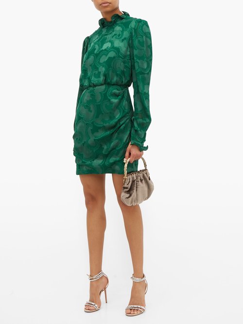 Saloni Rina Ruffled Silk-blend Jacquard Mini Dress Dark Green - 60% Off Sale