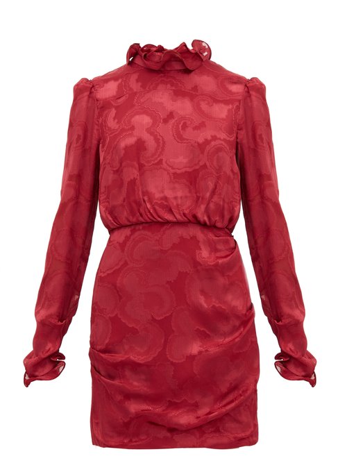 Saloni - Rina Ruffled Silk-blend Jacquard Mini Dress Burgundy