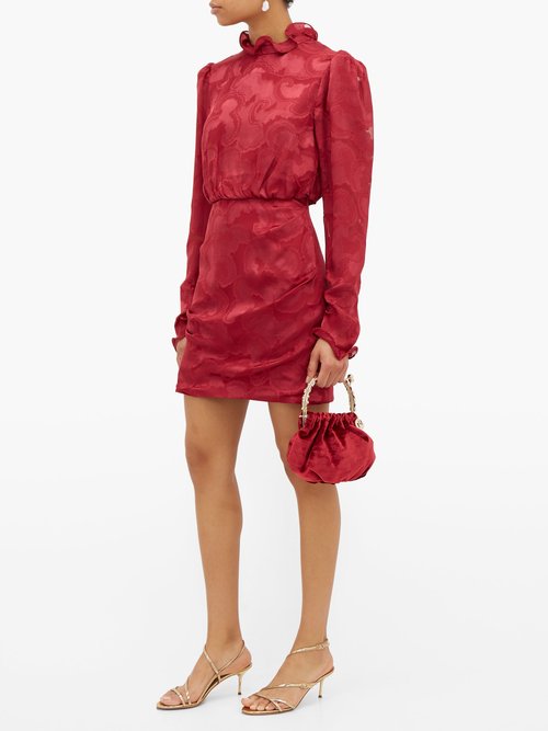 Saloni Rina Ruffled Silk-blend Jacquard Mini Dress Burgundy – 70% Off Sale