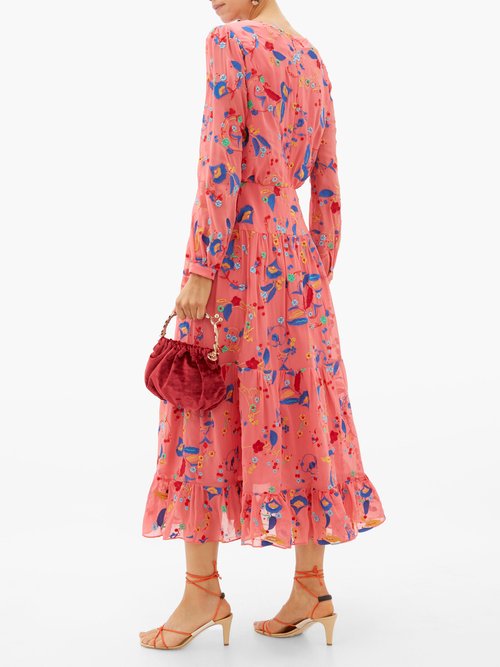 Saloni Isabel Floral-embroidered Silk Midi Dress Pink Multi - 70% Off Sale