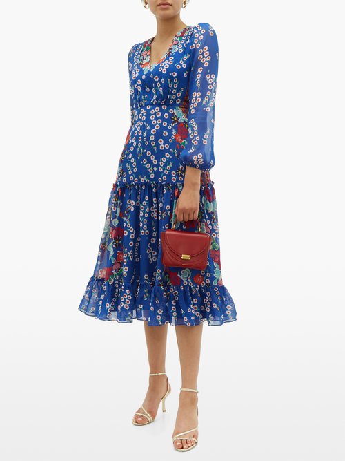 Saloni Devon Floral-print Silk Crepe De Chine Dress Blue Multi - 70% Off Sale