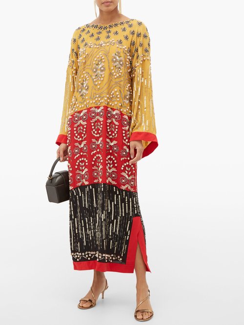 Saloni Maki-b Embellished Silk-georgette Kaftan Dress Yellow Multi - 60% Off Sale